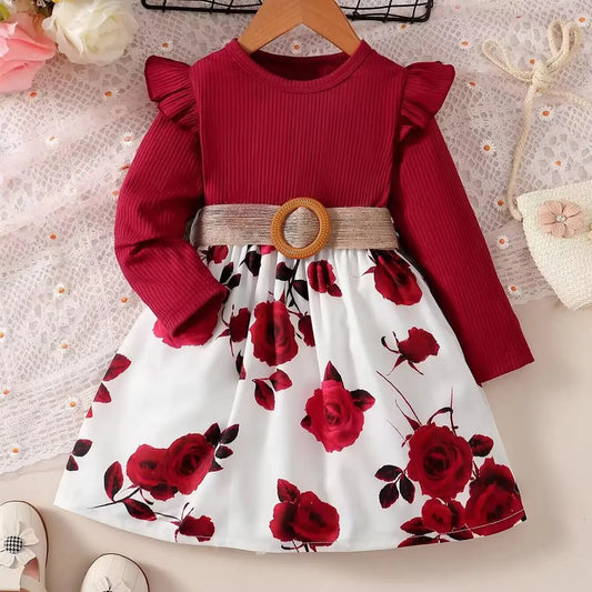 1-7 Years Children Girls New Year Dress Red Long Sleeved Flower Skirt for Birthday Wedding Party Wear Fashion Autumn Outfits