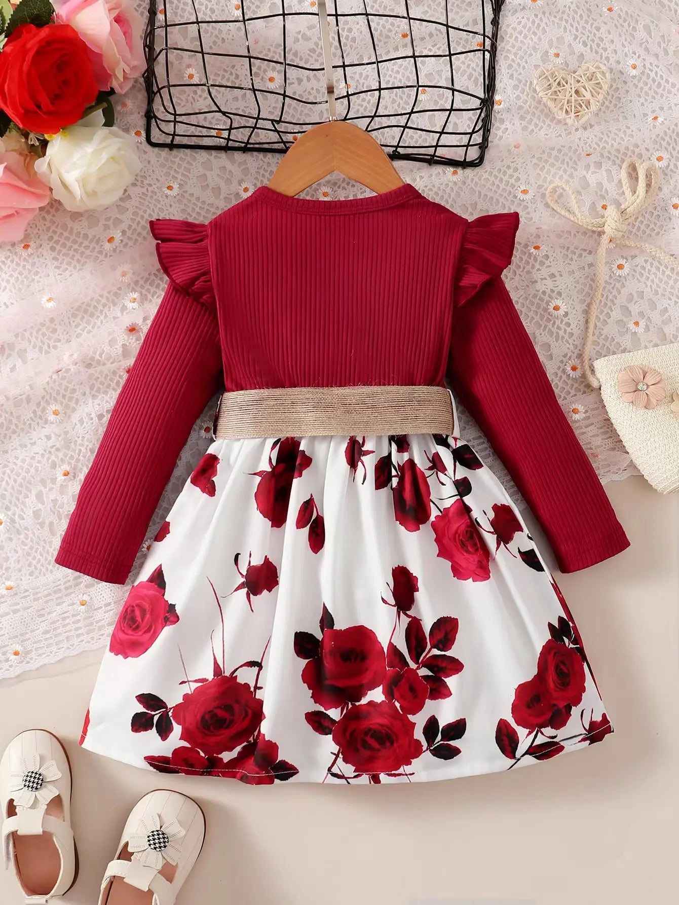 1-7 Years Children Girls New Year Dress Red Long Sleeved Flower Skirt for Birthday Wedding Party Wear Fashion Autumn Outfits