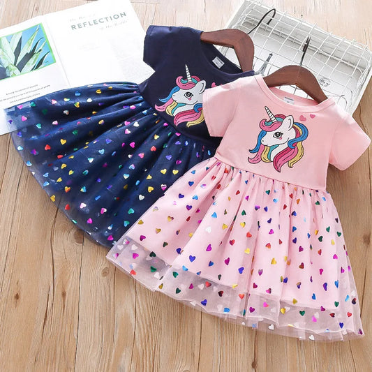 2023 Summer Girls Dress Cotton Cartoon Unicorn Splicing Mesh Party Princess Dresses for 2-6 Years Girls Birthday Clothes