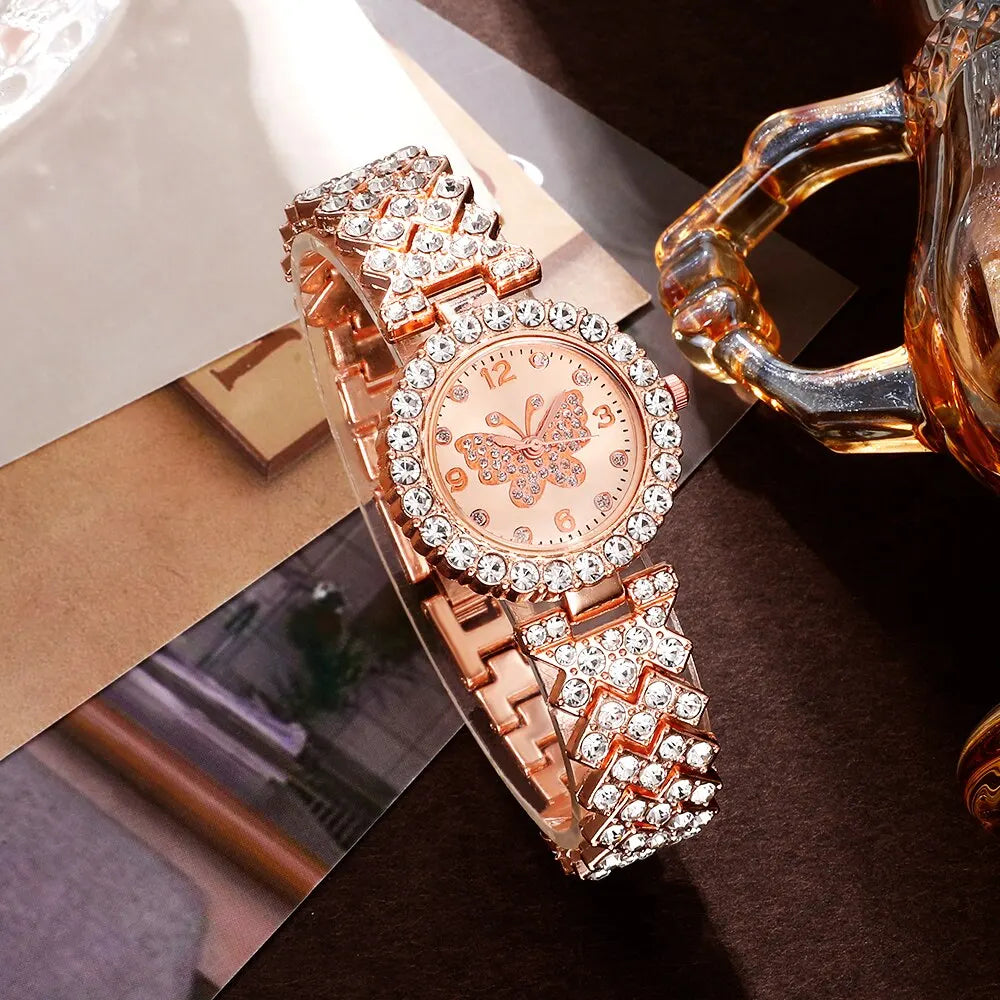 6Pcs Jewelry Set Rose Gold Luxury Watch Women Ring Necklace Earring Rhinestone Fashion Wristwatch Casual Ladies Watches
