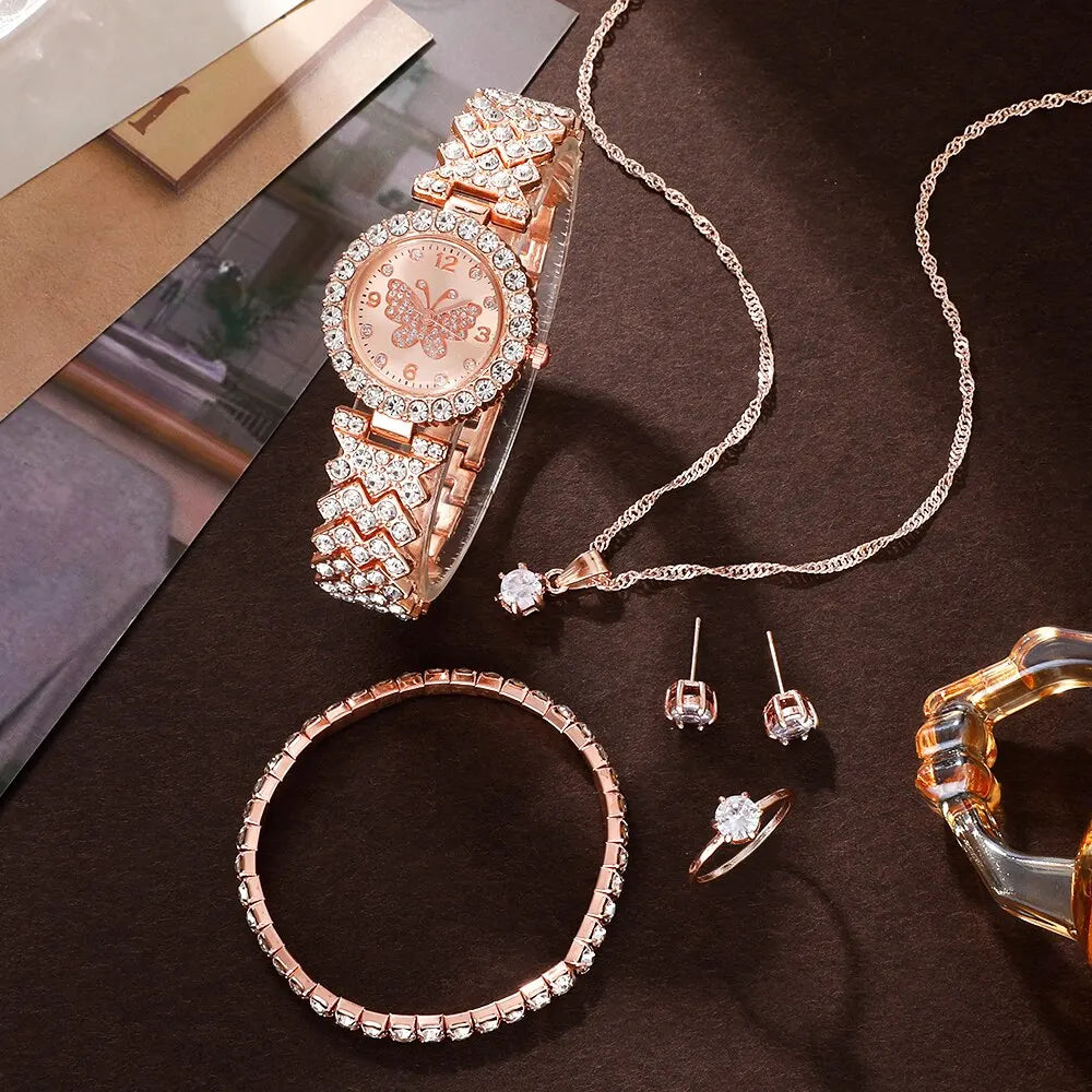 6Pcs Jewelry Set Rose Gold Luxury Watch Women Ring Necklace Earring Rhinestone Fashion Wristwatch Casual Ladies Watches